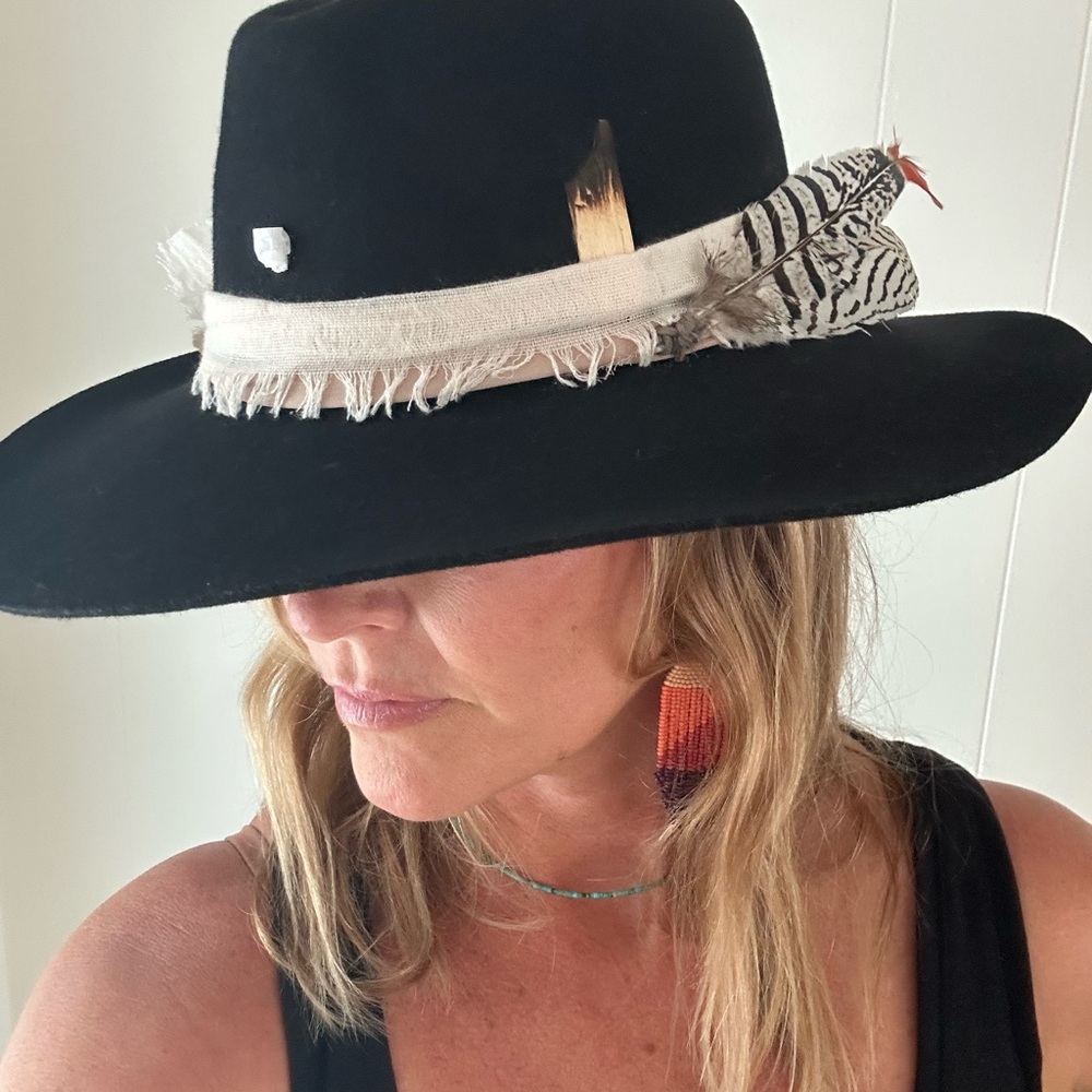 Black Wide-Brimmed Fedora- Feathers, Selenite Crystal, Palo Santo Wood, Large